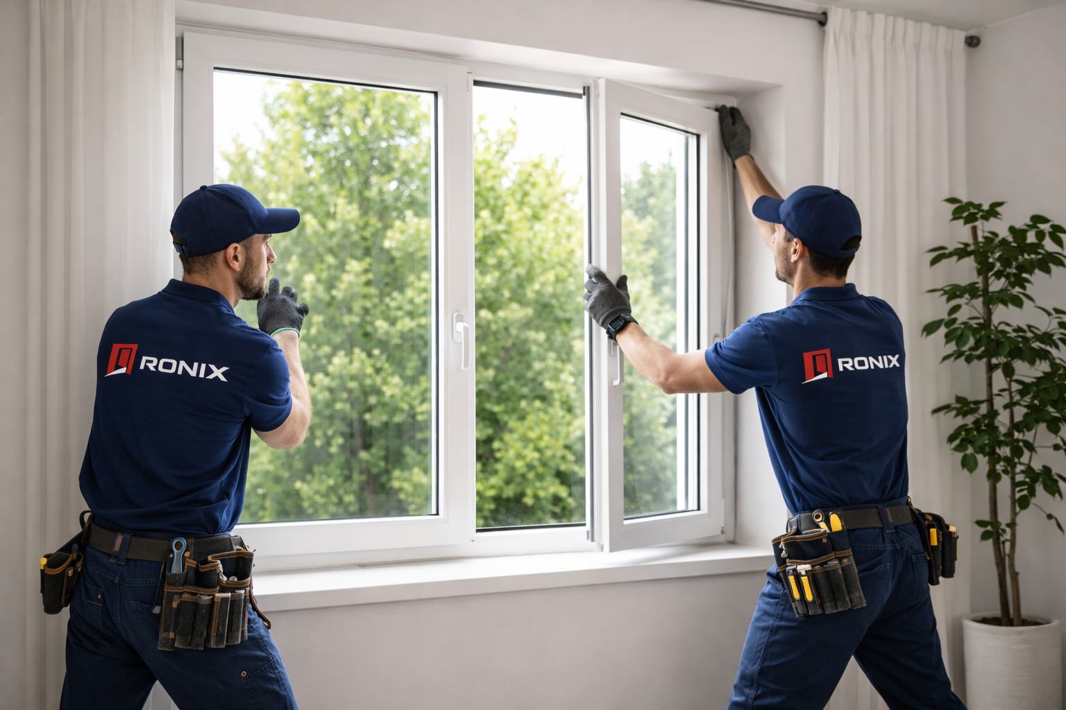 Profesjonalny montaż skrzydła okiennego przez dwóch instalatorów firmy Ronix II Lędziny – precyzyjne osadzanie stolarki PCV